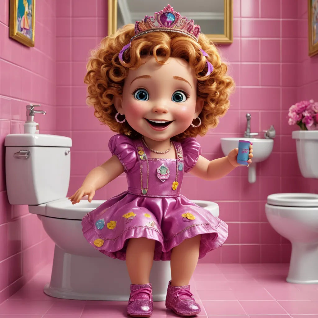 a little girl in a pink dress sitting on a toilet in a pink bathroom with pink tiles and pink walls, photorealism, a storybook illustration, disney, pixar and disney animation