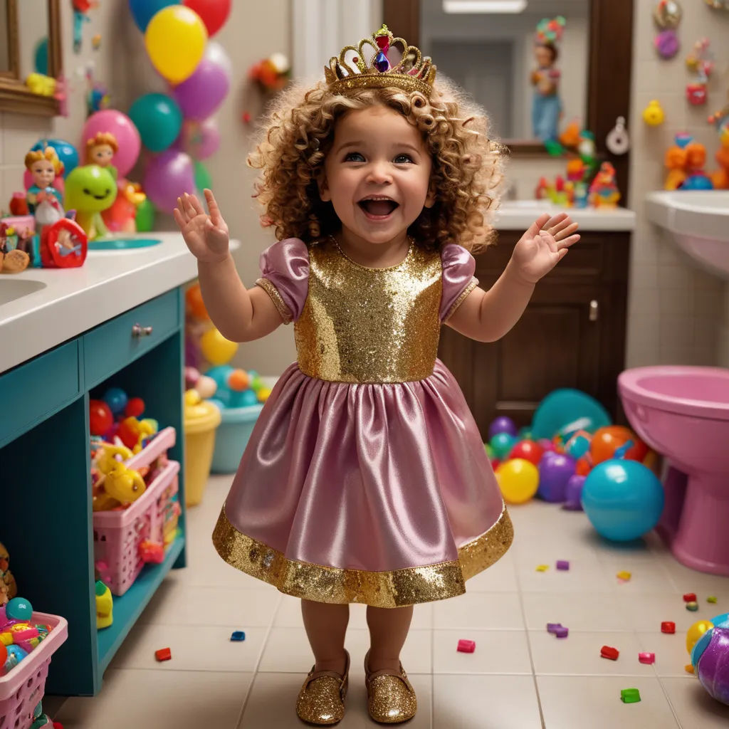 a little girl in a princess costume standing in a bathroom with balloons and confetti all around her, photorealism, a stock photo, Chris LaBrooy, behance hd