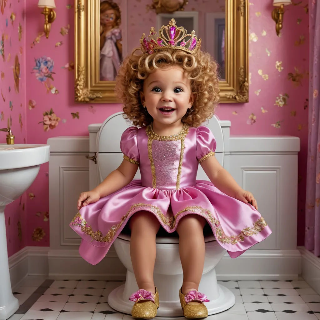 a little girl sitting on a toilet in a pink bathroom with a princess dress on and a crown on her head, magical realism, a stock photo, Amy Weber, award - winning photography