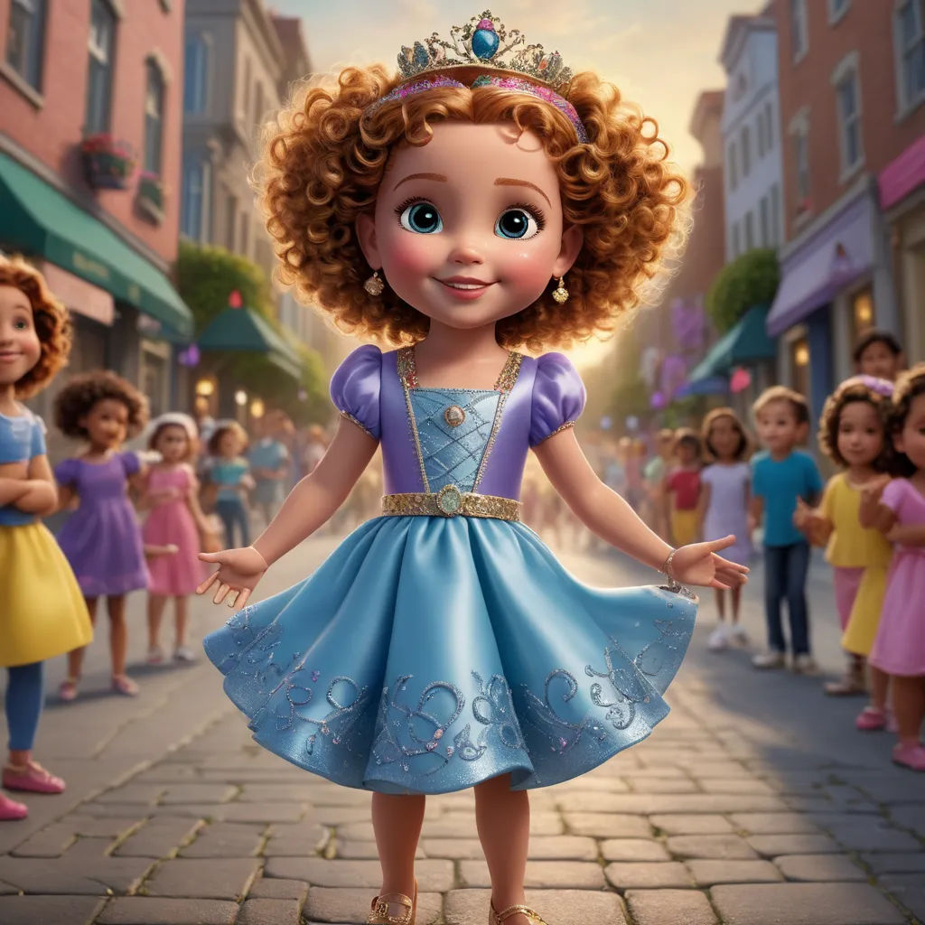 a cartoon character in a blue dress standing on a street with other children in the background and a crowd of people, photorealism, a digital rendering, disney, pixar and disney animation
