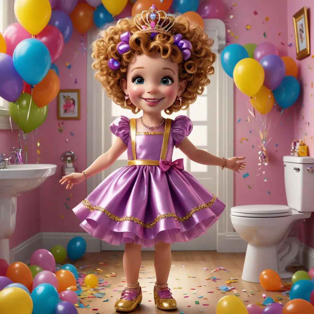 a cartoon girl in a purple dress standing in a bathroom with balloons and streamers around her and a toilet, photorealism, a character portrait, Celia Fiennes, pixar and disney animation