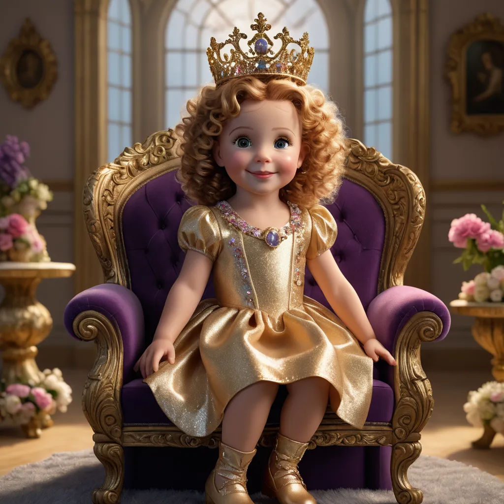 a doll sitting on a purple chair with a gold crown on top of it's head and a pink flower in the background, photorealism, a storybook illustration, Celia Fiennes, promotional image
