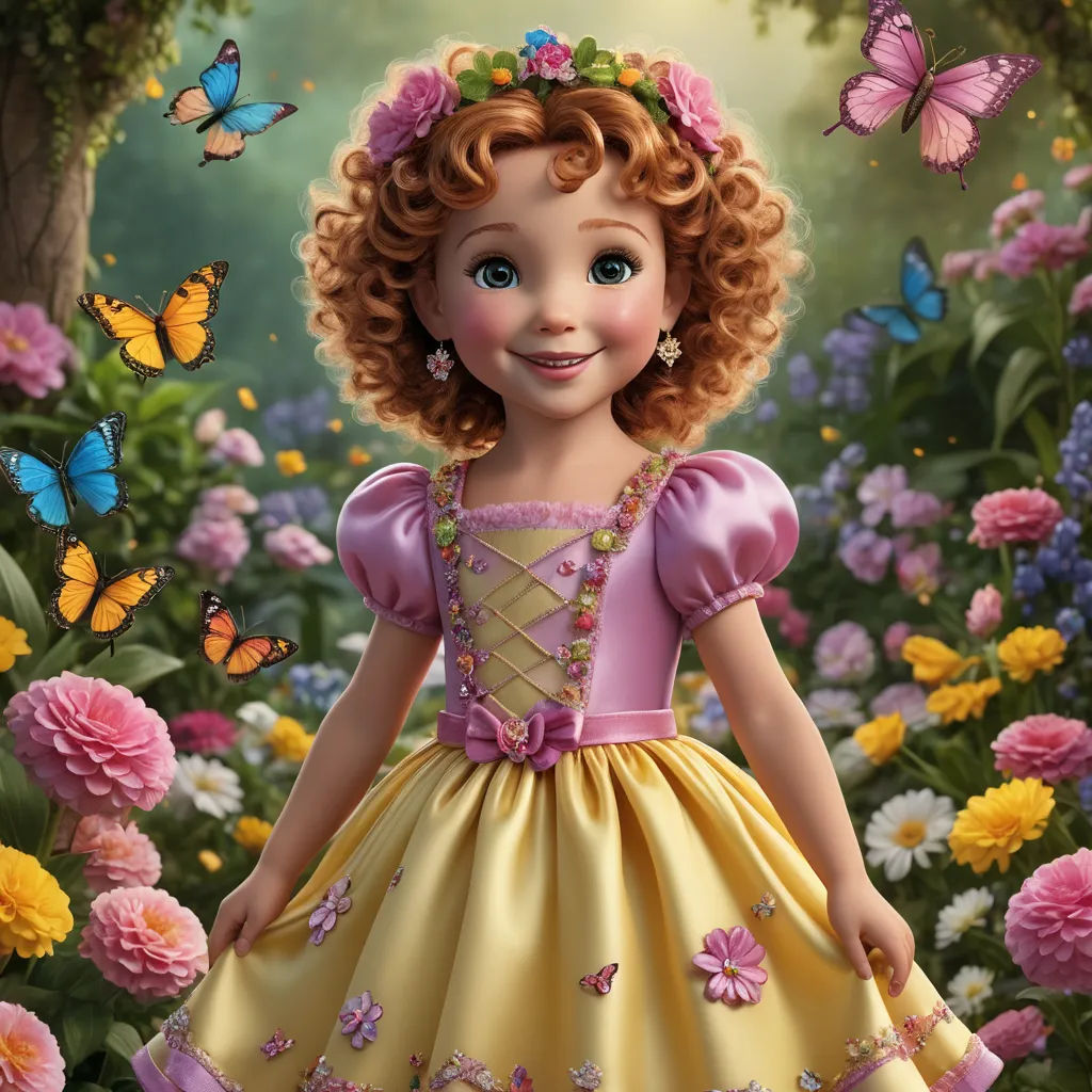 a cartoon girl in a dress surrounded by flowers and butterflies, with a butterfly in her hair and a butterfly in her hair, photorealism, a digital rendering, Clarice Beckett, promotional image