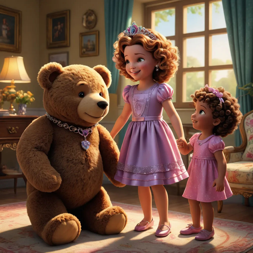 a little girl and a big teddy bear in a room with a window and a rug on the floor, photorealism, a storybook illustration, disney, pixar and disney animation