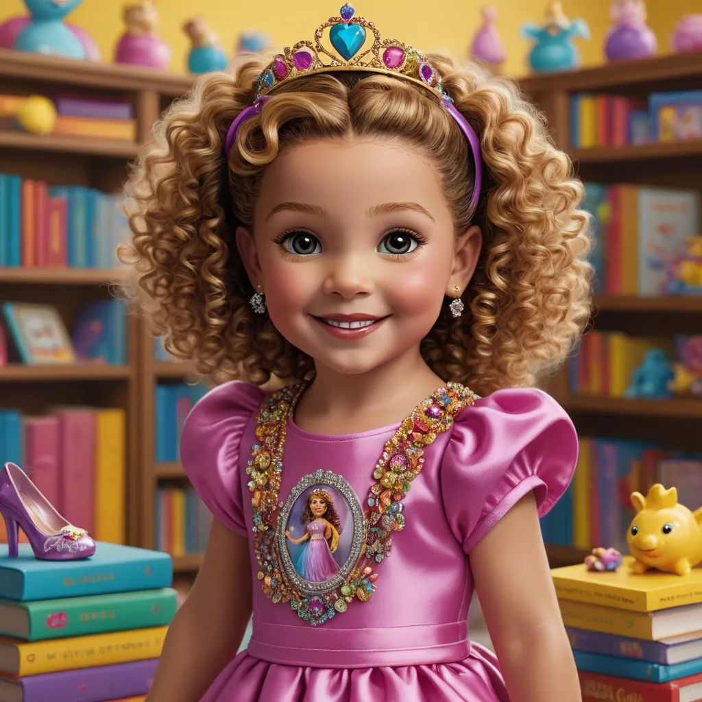 a doll with a tiara and a pink dress in a library with books and a yellow wall behind it, photorealism, a digital rendering, Beatrice Huntington, highly detailed digital painting