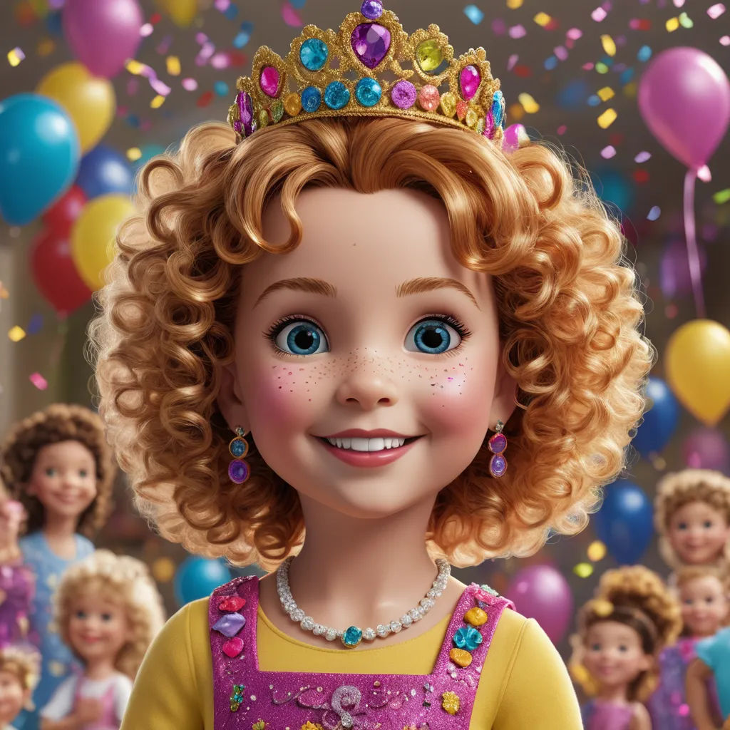 a cartoon girl with a tiara and balloons in the background with balloons in the air and a group of dolls in the background, photorealism, a character portrait, disney, pixar and disney animation