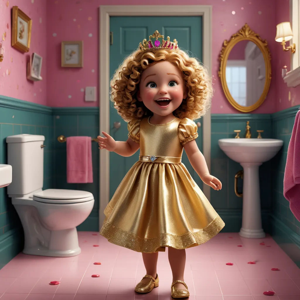 a little girl in a gold dress in a pink bathroom with a pink floor and pink walls and a pink toilet, photorealism, a storybook illustration, disney, pixar and disney animation