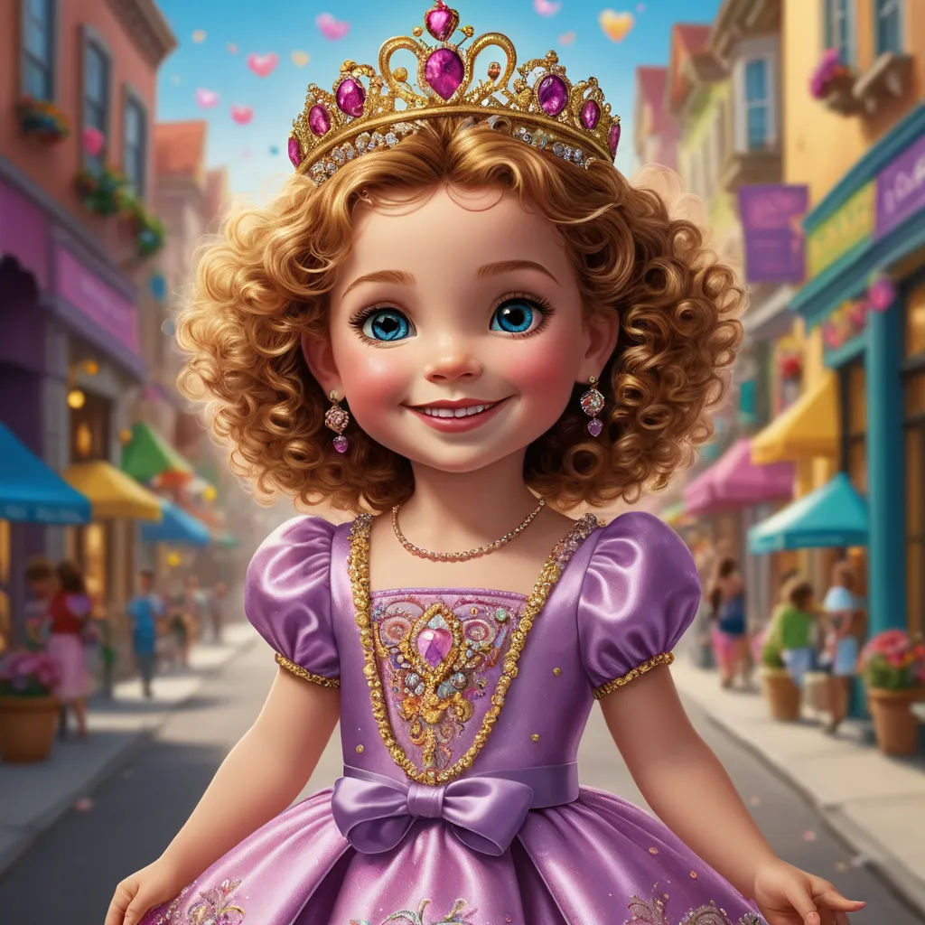 a cartoon girl in a princess dress and tiara on a street corner with a city background and a street sign, american barbizon school, a storybook illustration, Clarice Beckett, kinkade