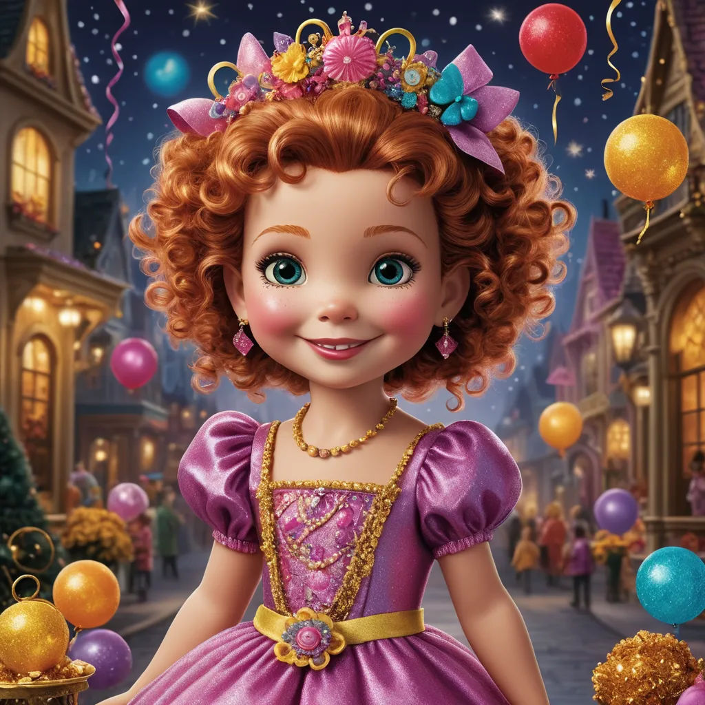 a cartoon girl in a dress with balloons around her and a castle in the background with a lot of balloons, rococo, a digital rendering, Clarice Beckett, kinkade