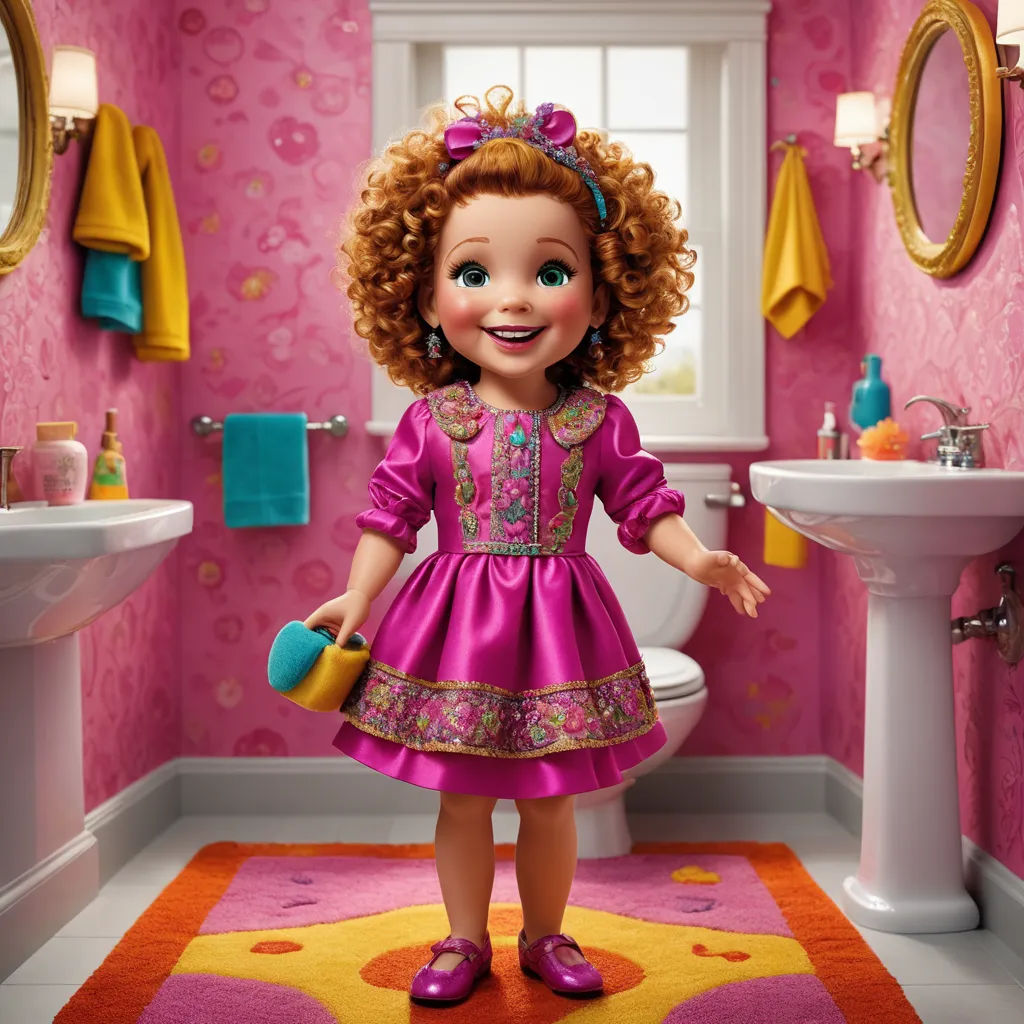 a doll standing in a bathroom next to a sink and a toilet with a pink wallpapered wall, photorealism, a character portrait, disney, pixar and disney animation