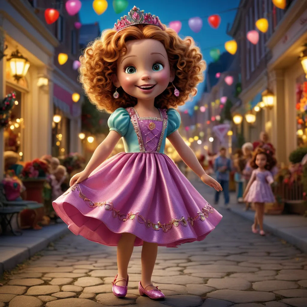 a cartoon character in a pink dress and tiara standing on a cobblestone street with balloons in the background, photorealism, a character portrait, disney, pixar and disney animation