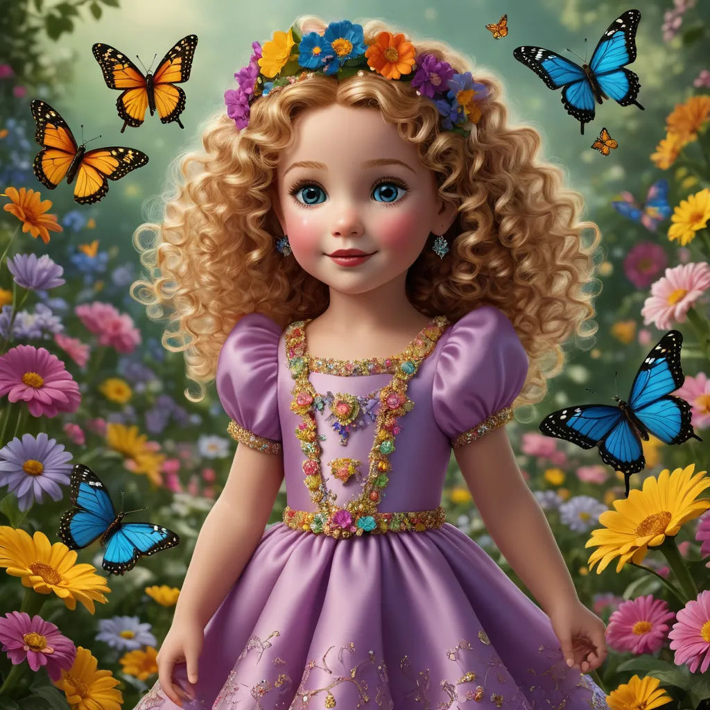 a little girl in a purple dress surrounded by butterflies and flowers with a butterfly in her hair and a butterfly in her hair, pop surrealism, a storybook illustration, Arthur Hughes, highly detailed digital painting