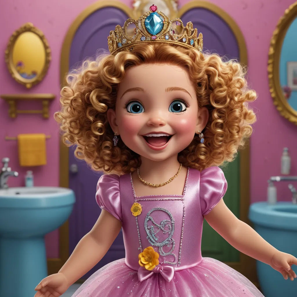 a doll with a tiara and a pink dress in a bathroom with a sink and toilet in the background, photorealism, a character portrait, disney, cgstudio