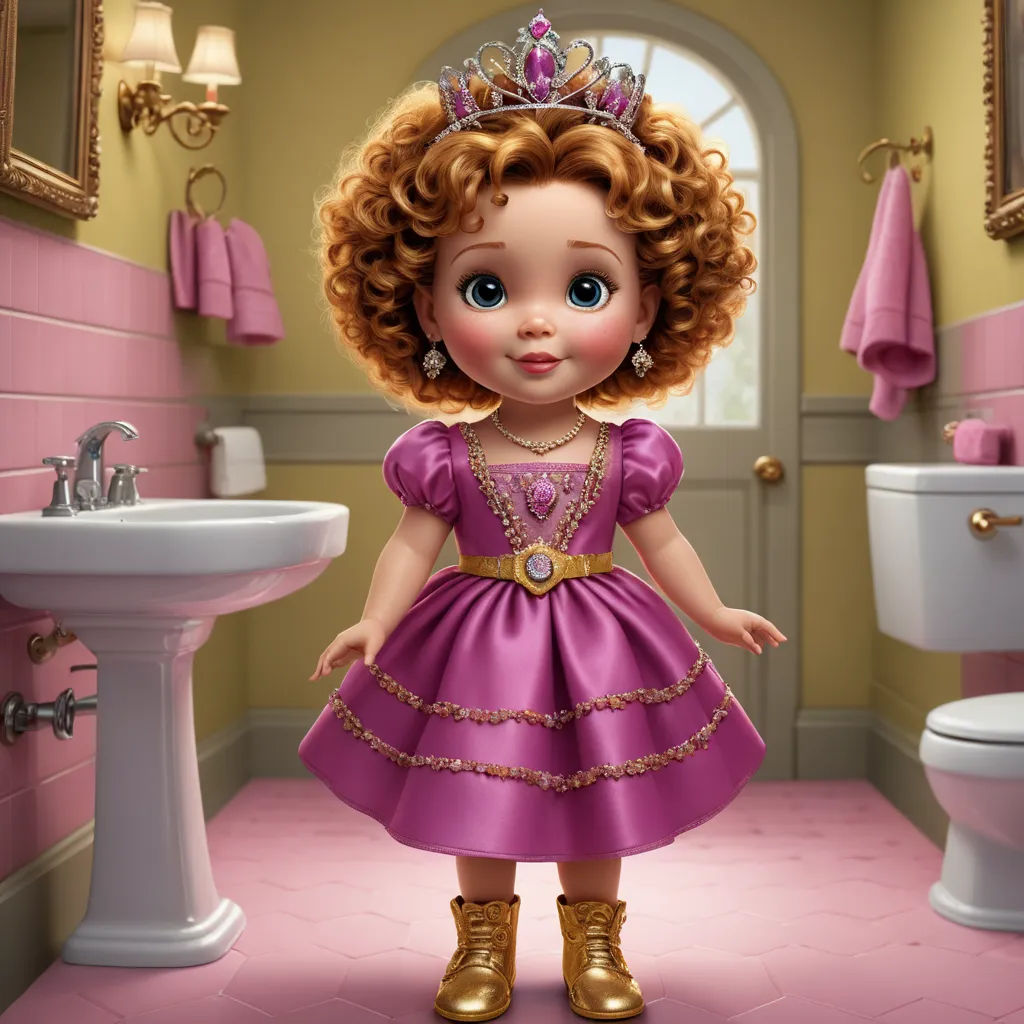 a doll in a pink dress standing in a bathroom with a sink and toilet in the background and a mirror on the wall, photorealism, a character portrait, Celia Fiennes, pixar and disney animation