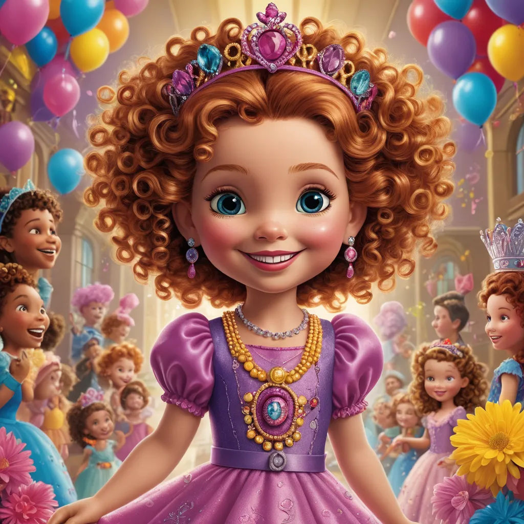 a cartoon character with a tiara and balloons in the background, and a group of children in dresses, rococo, a digital rendering, disney, promotional image