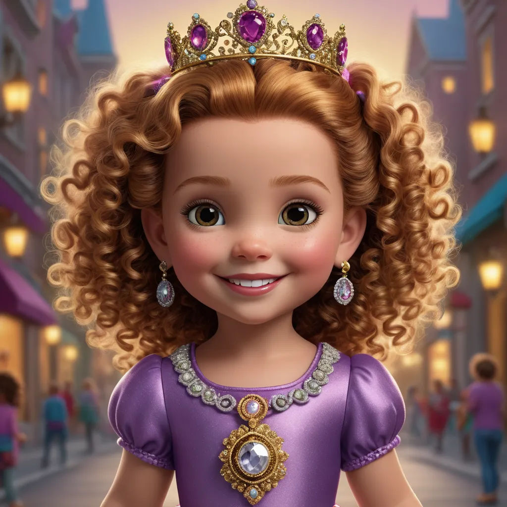 a cartoon girl with a tiara on her head and a purple dress on her body and a street, photorealism, a character portrait, Clarice Beckett, animated