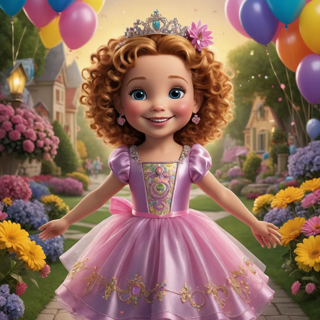 a cartoon girl in a pink dress and tiara standing in a garden with balloons and flowers in the background, photorealism, a digital rendering, disney, pixar and disney animation