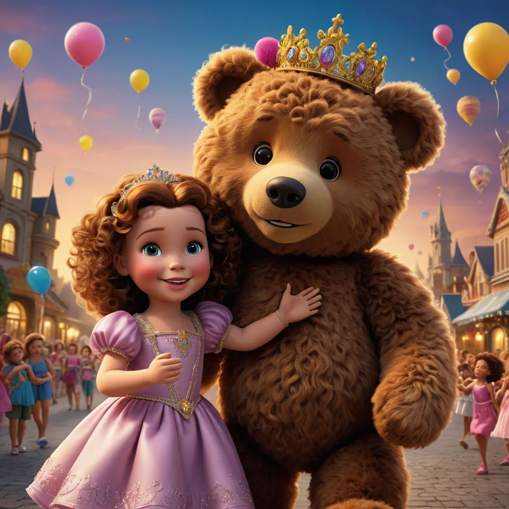 a girl in a dress hugging a large teddy bear in a street with balloons in the background and a castle in the background, magical realism, a poster, disney, pixar and disney animation