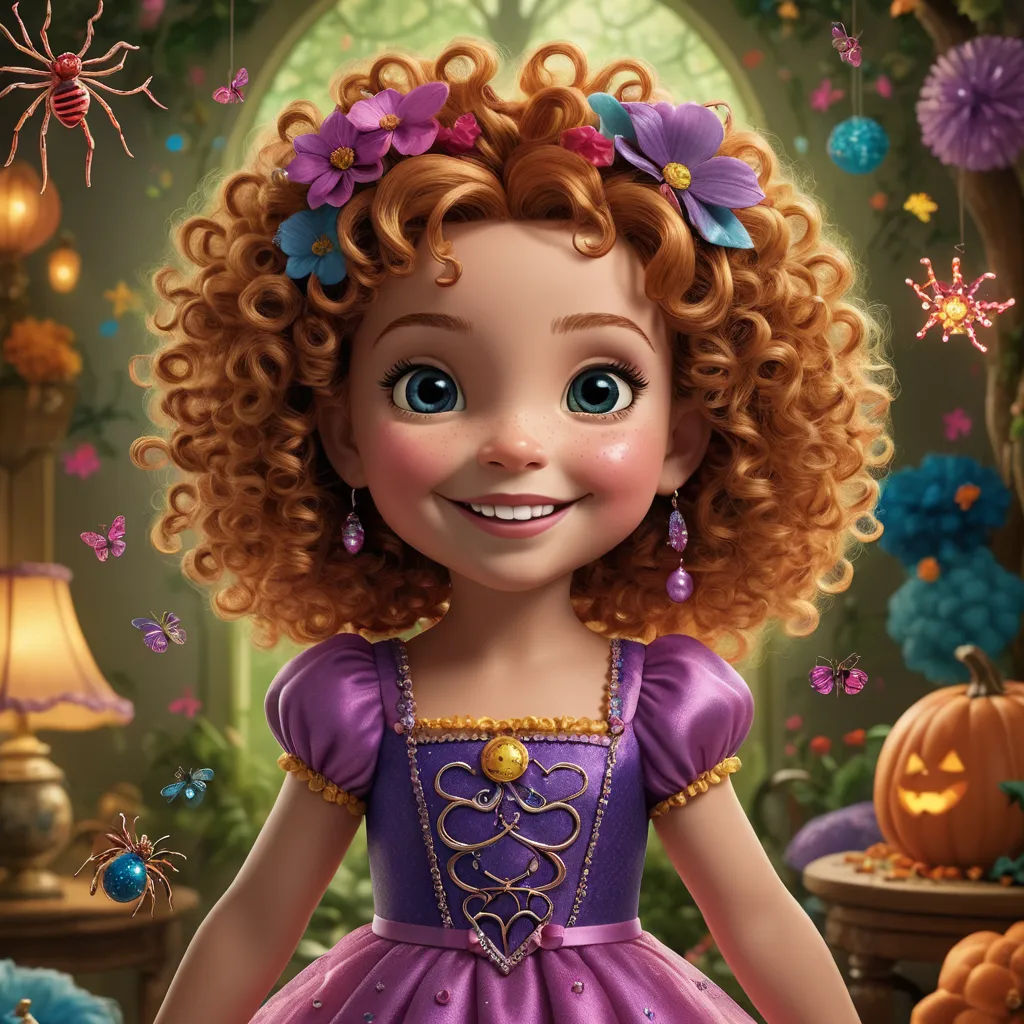 a cartoon girl with curly hair wearing a purple dress and a spider on her head, standing in a room full of pumpkins, pop surrealism, a storybook illustration, Arthur Hughes, highly detailed digital painting