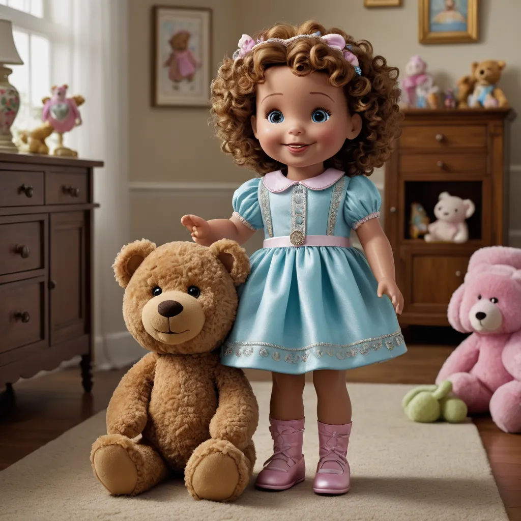 a doll and a teddy bear in a room with a dresser and dresser behind it, and a dresser with a mirror and a dresser with a teddy bear, photorealism, a digital rendering, Caroline Lucy Scott, promotional image