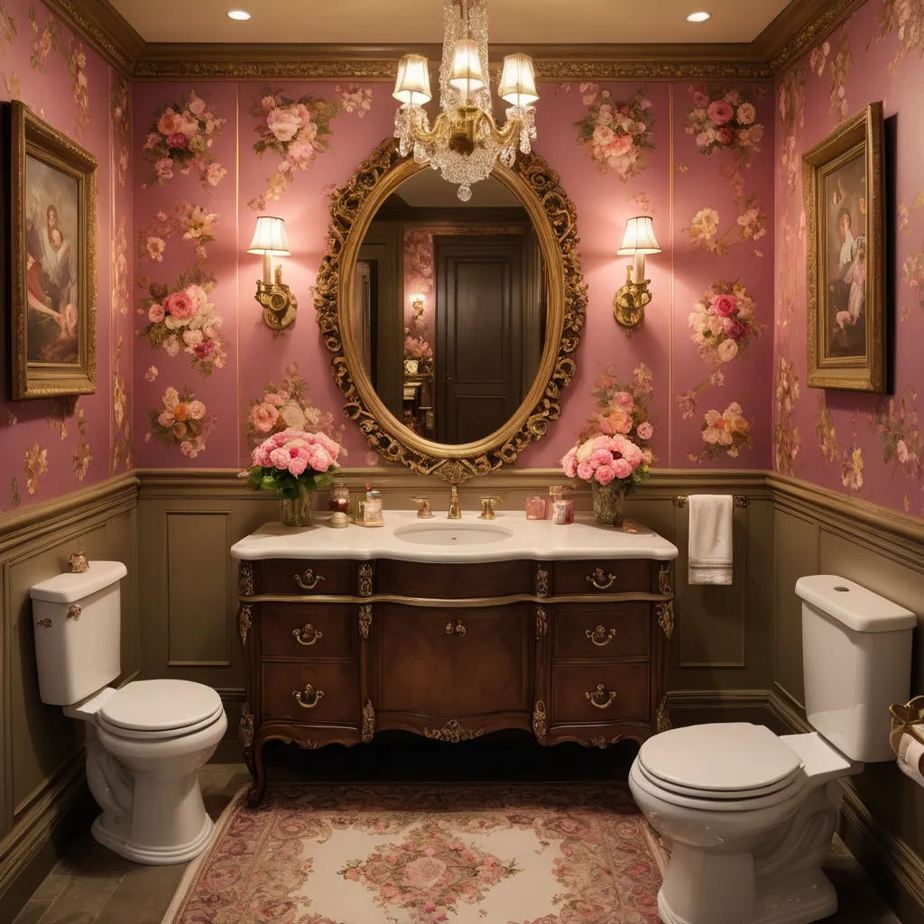 a bathroom with a vanity, toilet, and mirror in it with a chandelier above it and a rug on the floor, rococo, a flemish Baroque, Enguerrand Quarton, fantastically gaudy