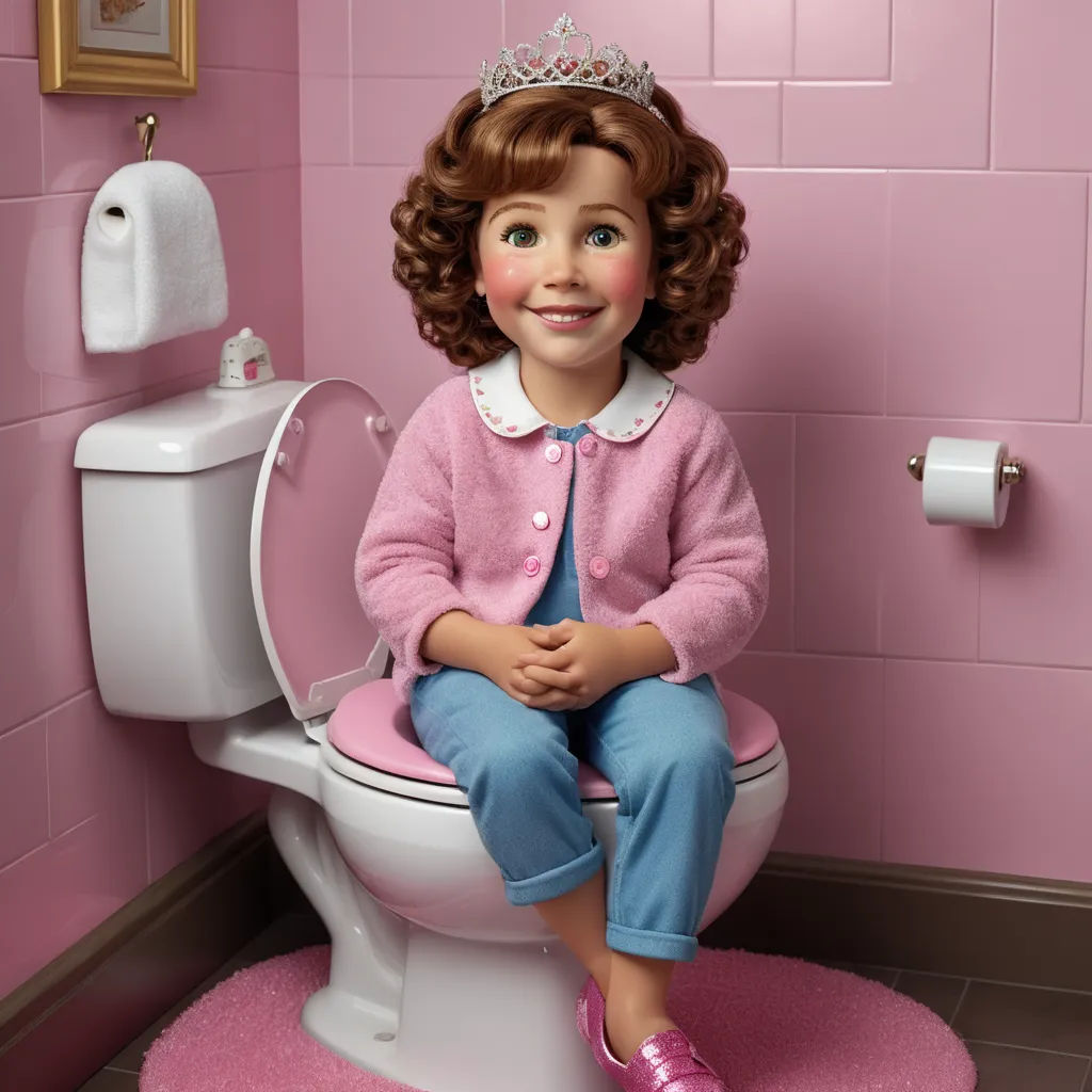 a doll sitting on a toilet in a pink bathroom with a pink rug and pink walls and a pink toilet, photorealism, a character portrait, Ada Gladys Killins, pixar and disney animation