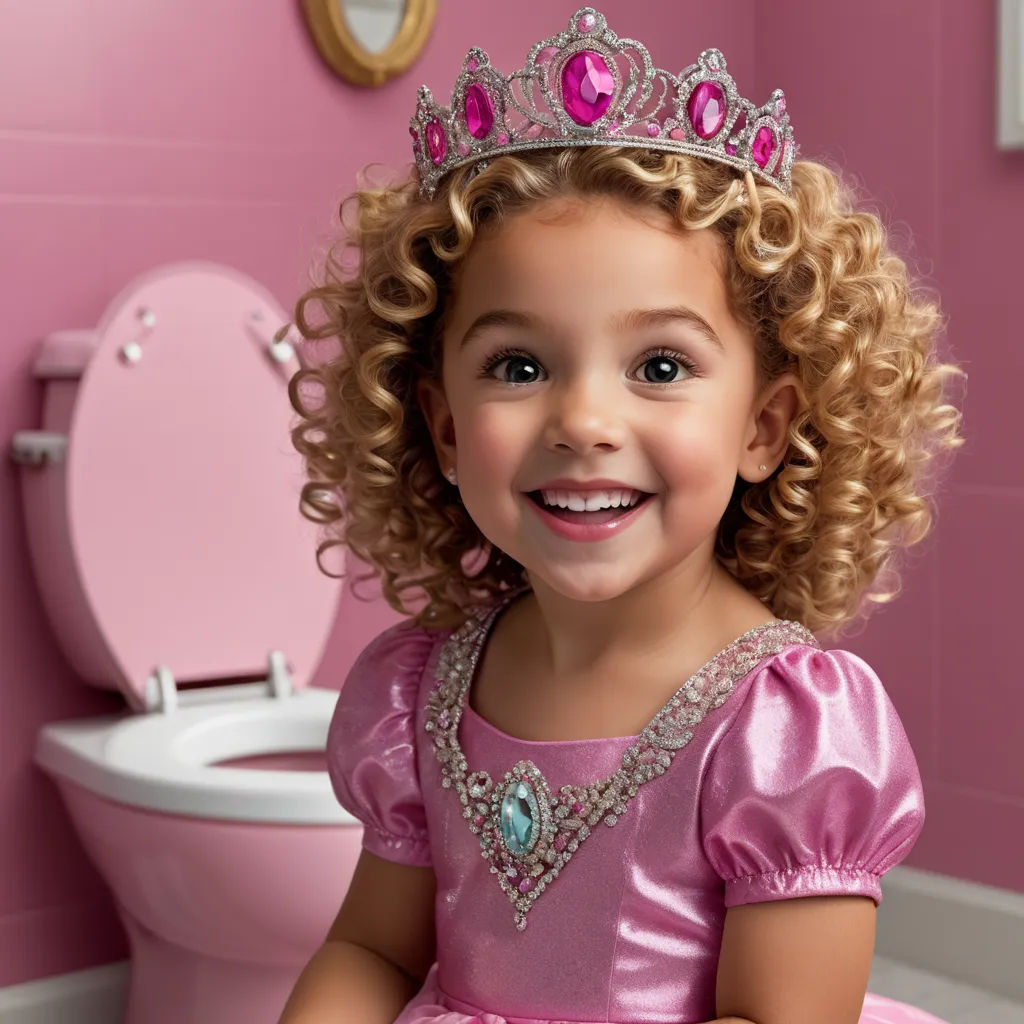 a little girl in a pink dress and tiara sitting on a toilet in a pink bathroom with a pink toilet, magical realism, a stock photo, Alice Prin, promotional image