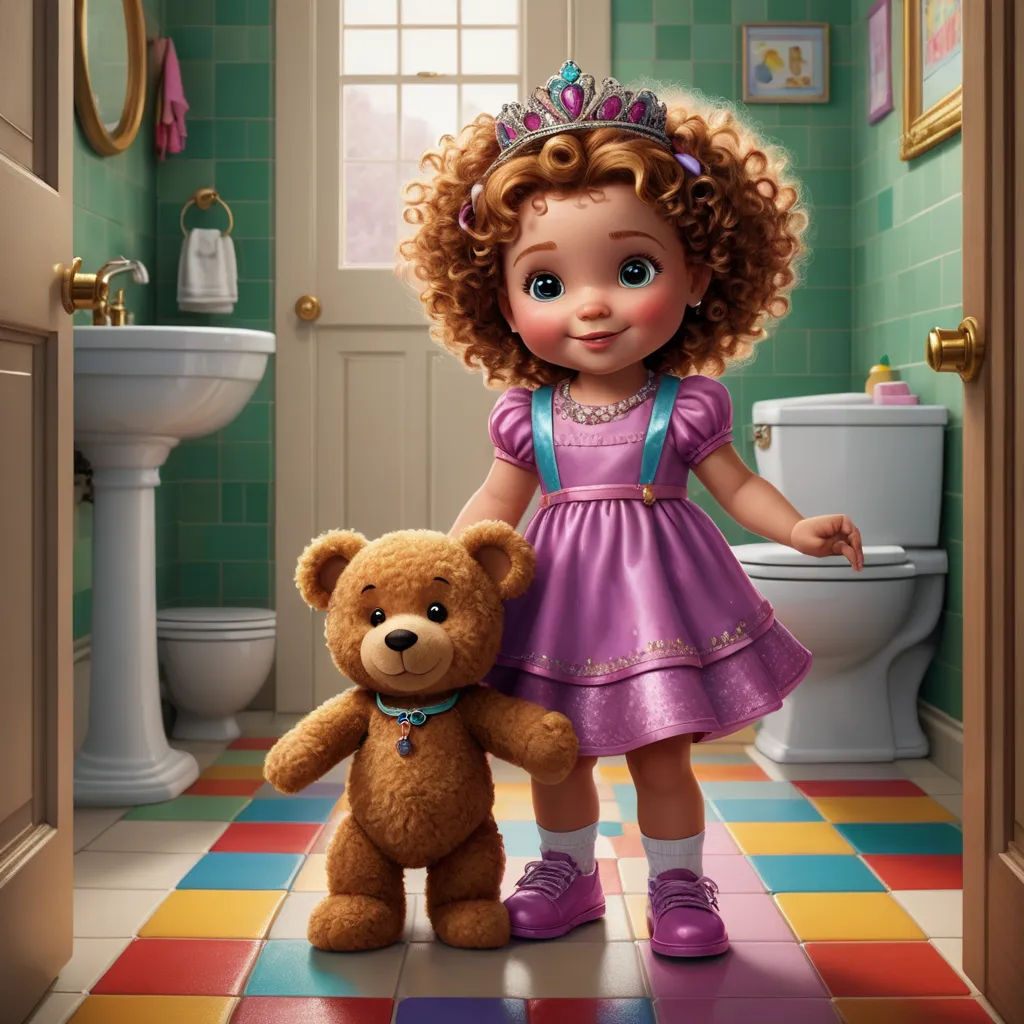 a little girl in a pink dress holding a teddy bear in a bathroom with a toilet and sink in the background, photorealism, a storybook illustration, disney, pixar and disney animation