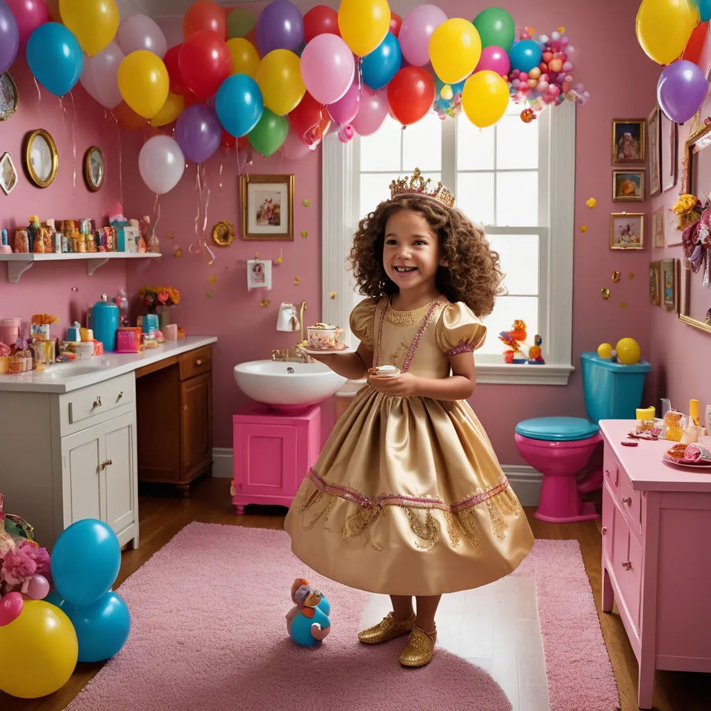 a little girl standing in a room with balloons and a cake on the floor and a pink rug on the floor, photorealism, a storybook illustration, Amy Weber, award - winning photography