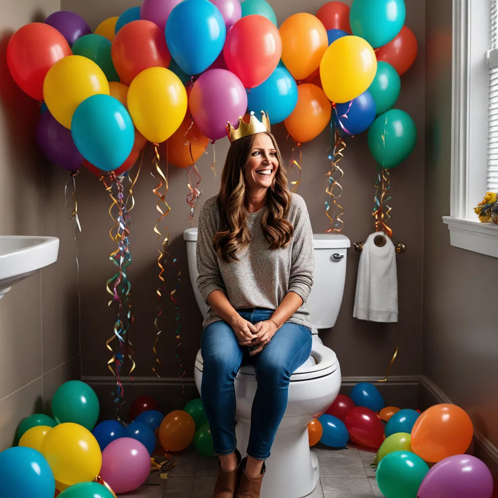 a woman sitting on a toilet surrounded by balloons and streamers in a bathroom with a white toilet and a white sink, sots art, a stock photo, Amy Weber, promotional image