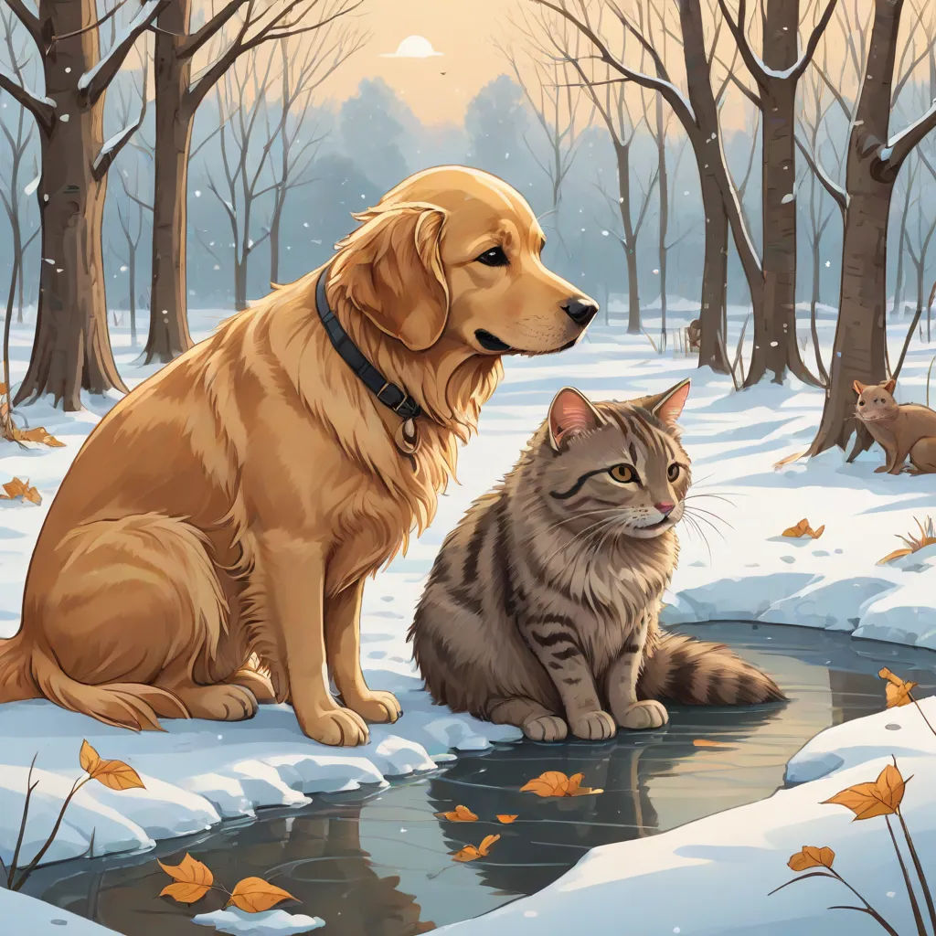 a cat and dog sitting in the snow next to a stream of water with a forest in the background, furry art, a storybook illustration, Dan Mumford, storybook illustration