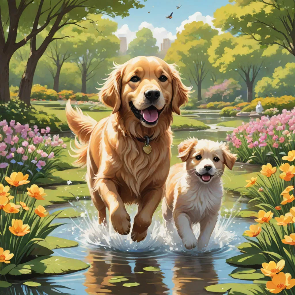 a painting of two dogs in a pond of water with flowers and trees in the background and a bird flying over the water, furry art, a fine art painting, Brothers Hildebrandt, highly detailed digital painting