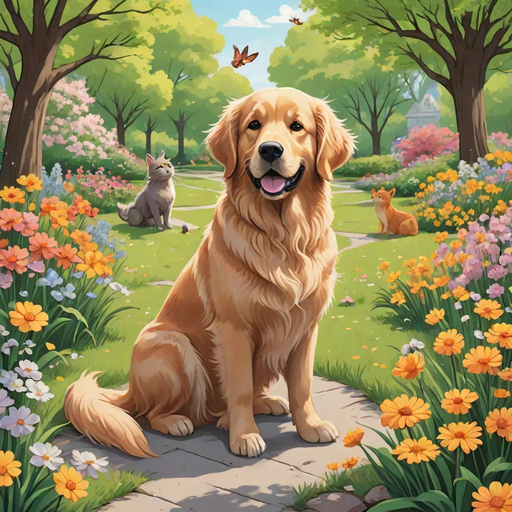 a dog sitting in a park with a cat and dog nearby in the background of a painting of a dog and a cat, furry art, a storybook illustration, Chris LaBrooy, official art