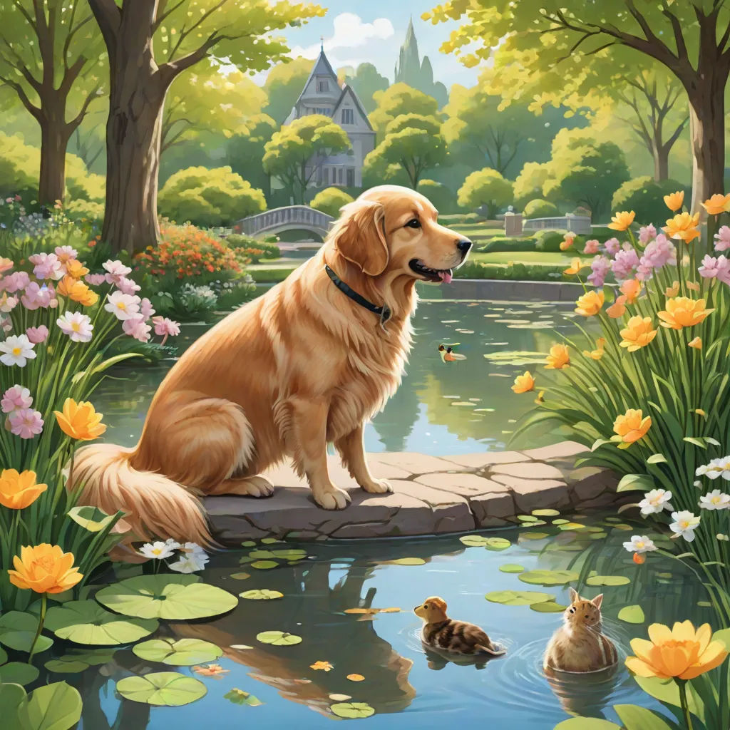 a dog and a cat are sitting on a bridge over a pond of water and flowers and a bridge is in the background, classical realism, a fine art painting, Chris LaBrooy, kinkade
