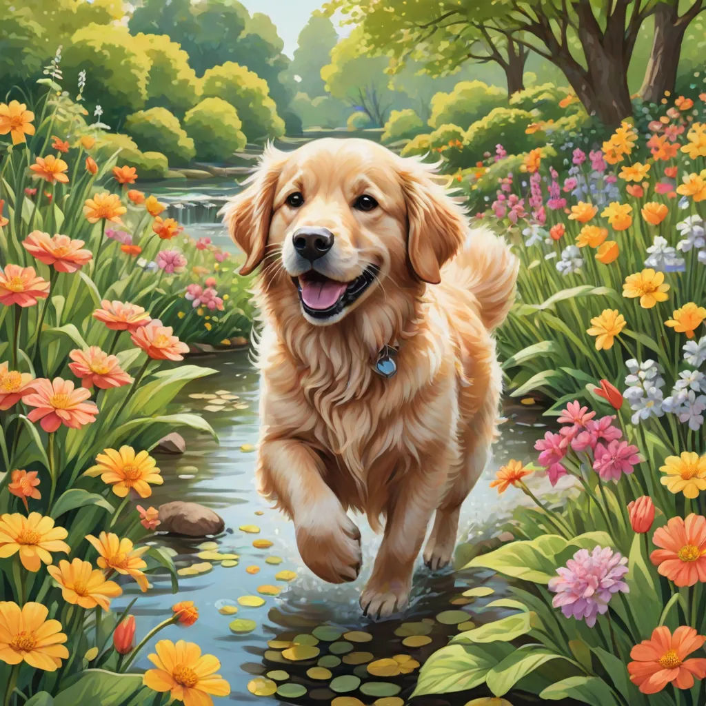 a painting of a dog running through a flowery field with a stream in the background and trees and flowers, furry art, a fine art painting, Chris LaBrooy, extremely detailed oil painting