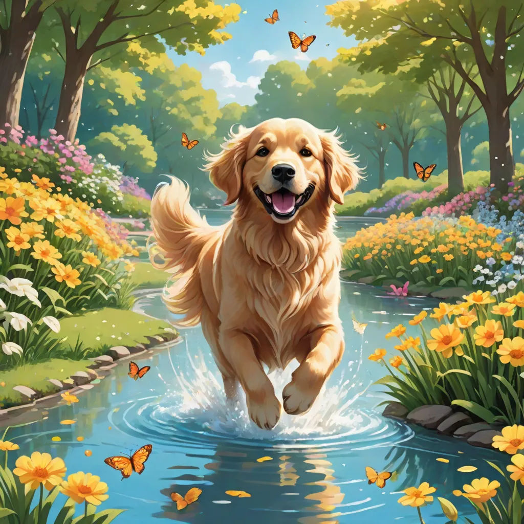 a golden retriever running through a stream of water with butterflies flying around him and a butterfly in the background, furry art, a storybook illustration, Chris LaBrooy, splash art