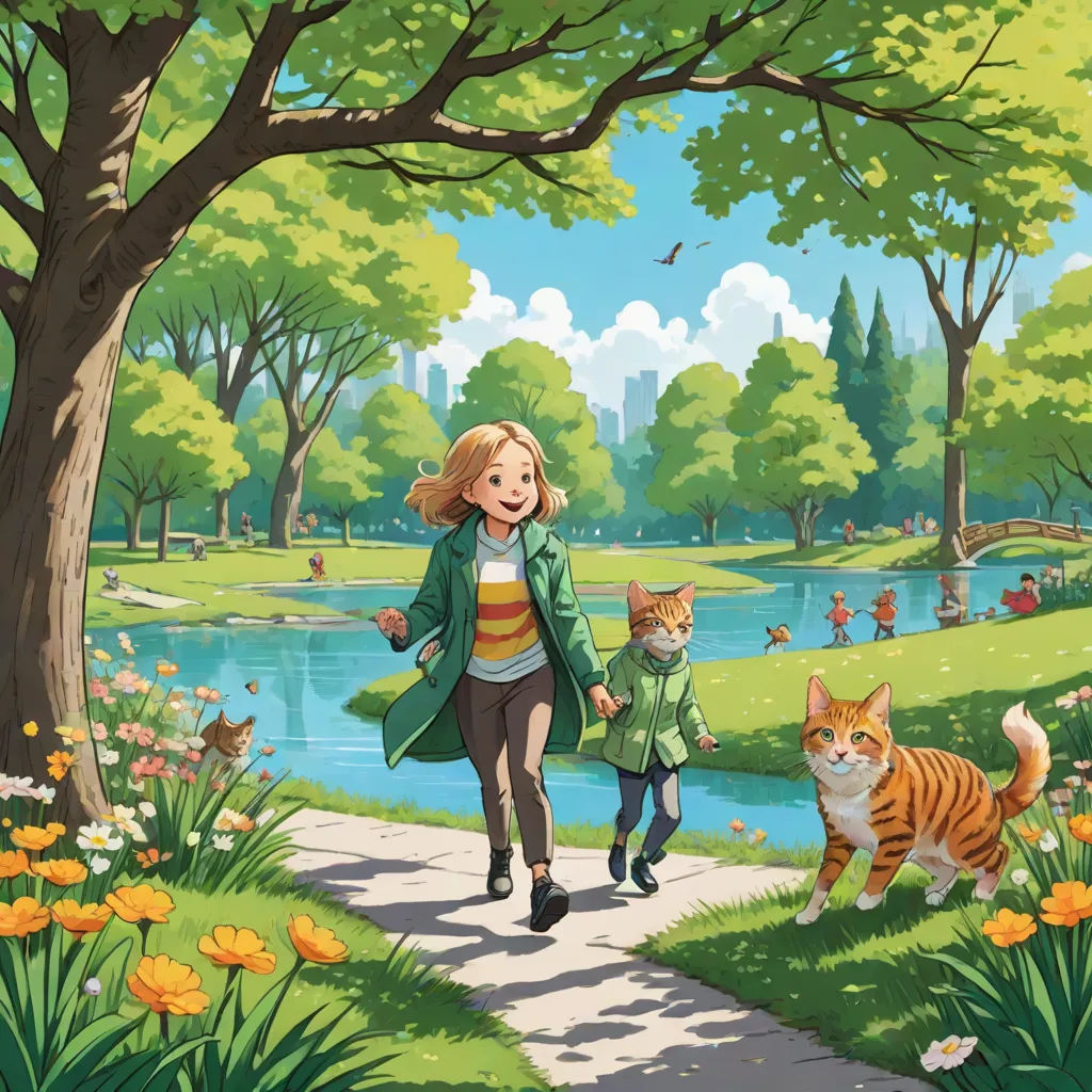 a girl and a cat walking in a park by a river with a tree and flowers on the ground, furry art, a storybook illustration, Chris LaBrooy, comic cover art