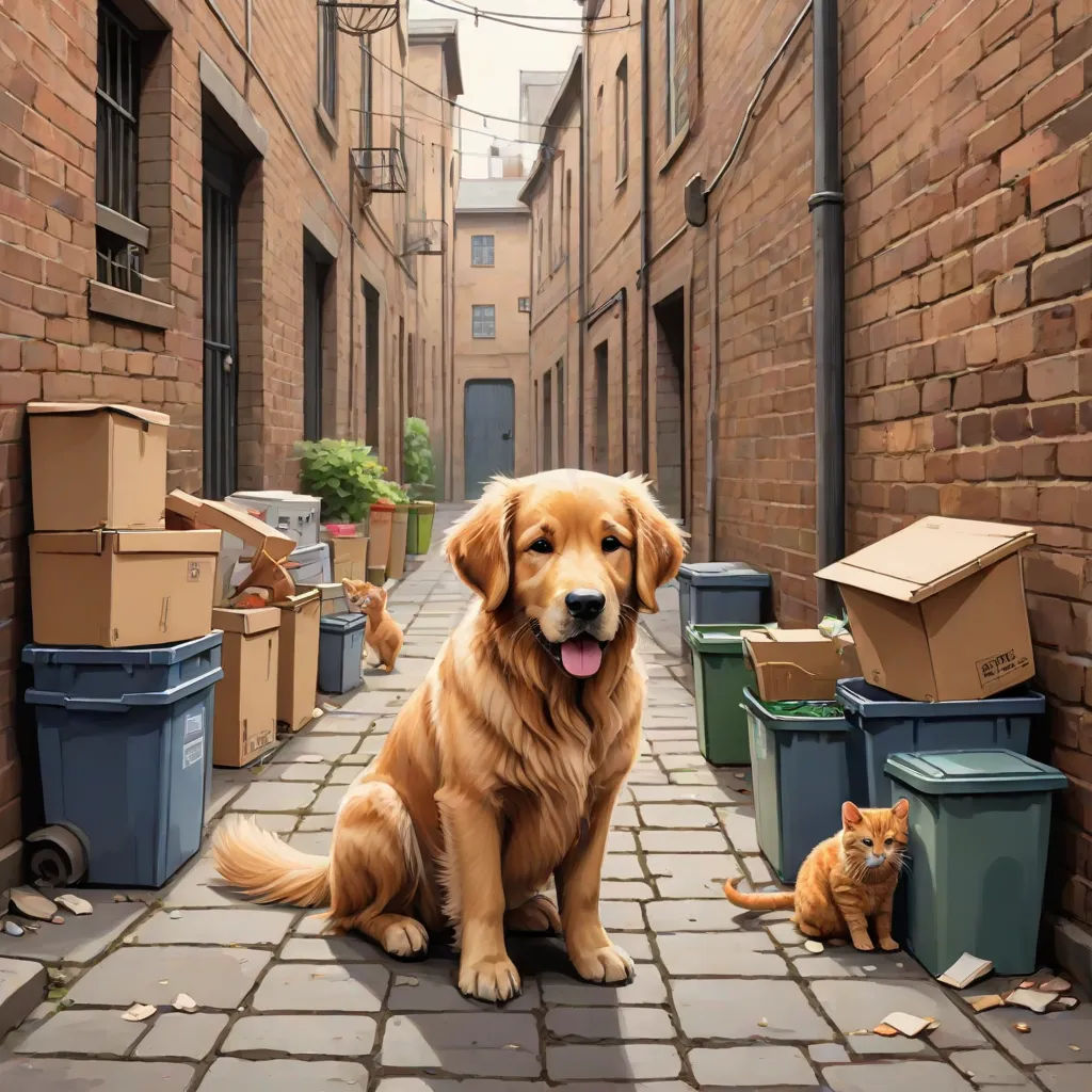 a dog and a cat sitting on a brick alleyway in a city with trash cans and boxes on the ground, photorealism, a hyperrealistic painting, Evgeny Lushpin, highly detailed digital painting