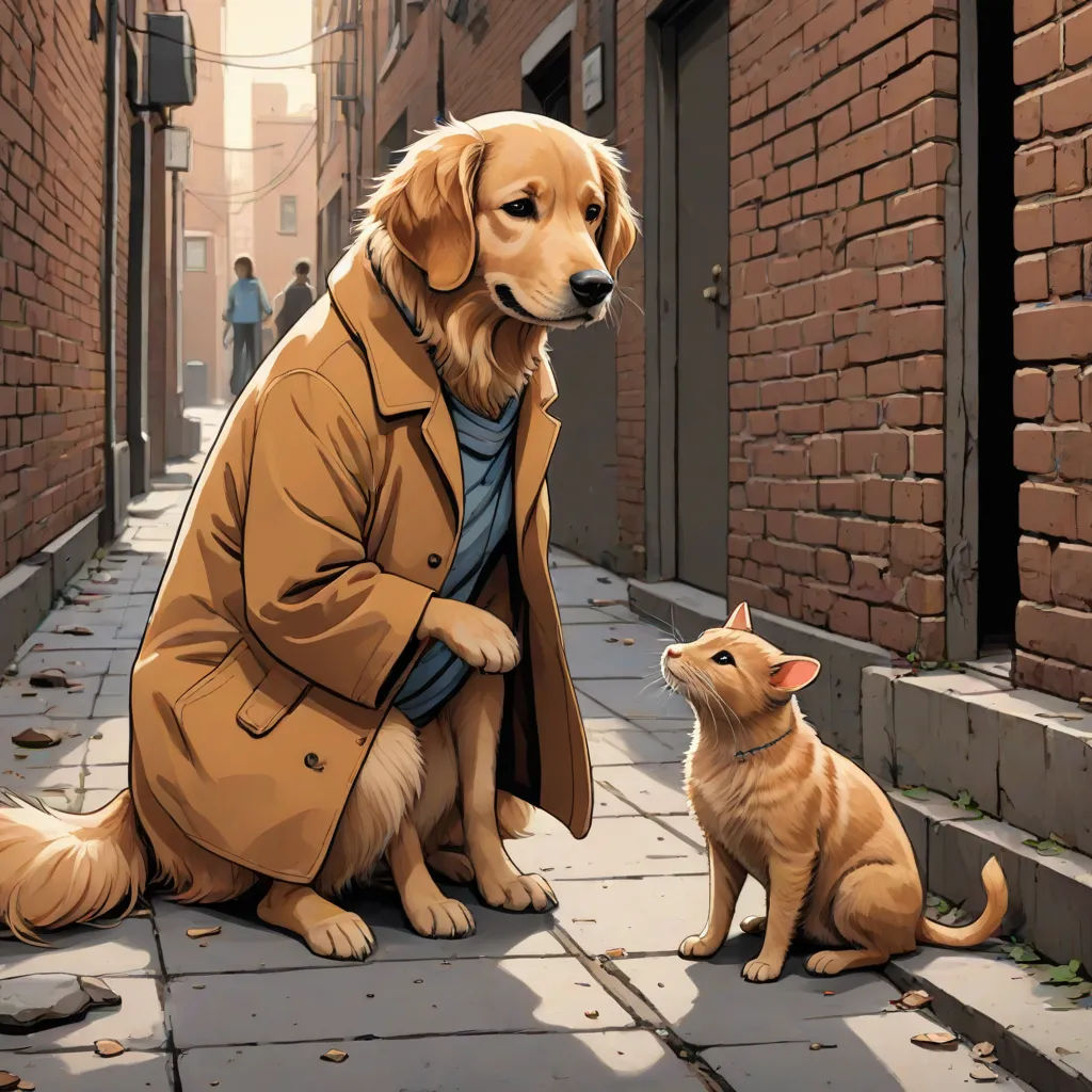 a dog and a cat are sitting on a sidewalk in front of a brick building and a man in a coat is standing next to a dog, furry art, a comic book panel, F Scott Hess, comic cover art