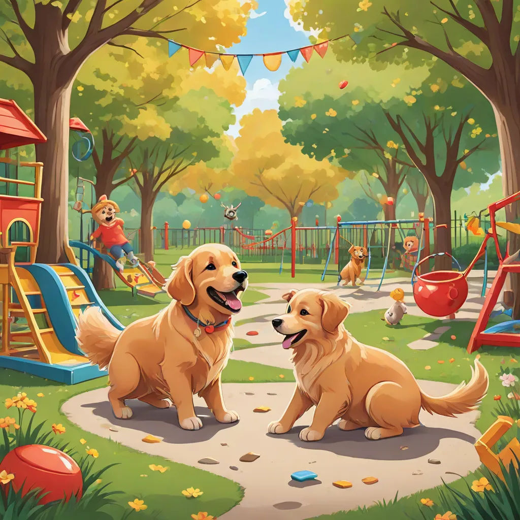two dogs are sitting in the park together and playing with each other, with a playground in the background, american scene painting, a storybook illustration, Chris LaBrooy, highly detailed digital painting