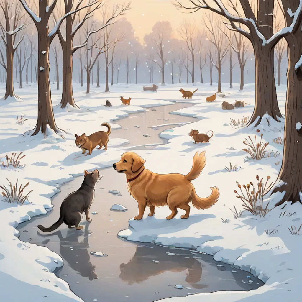a dog and a cat are playing in the snow by a stream of water and trees with snow on the ground, furry art, a storybook illustration, Dan Mumford, storybook illustration