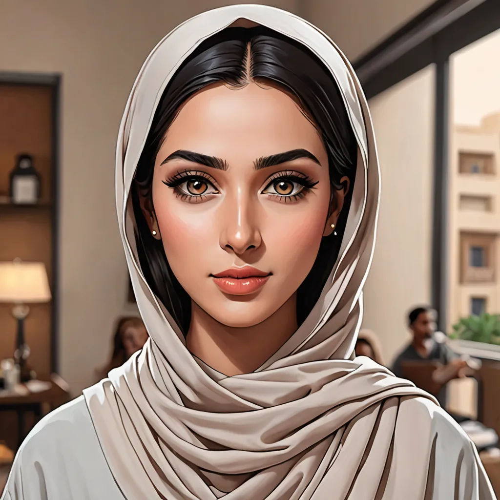 a woman with a headscarf and a scarf on her head is looking at the camera while a man sits in the background, computer art, a detailed painting, Elina Karimova, realistic shaded perfect face