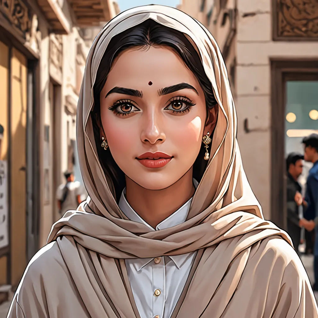 a woman in a brown shawl and earrings on a street corner with a man in a blue shirt, qajar art, a digital painting, Amir Zand, highly detailed digital painting