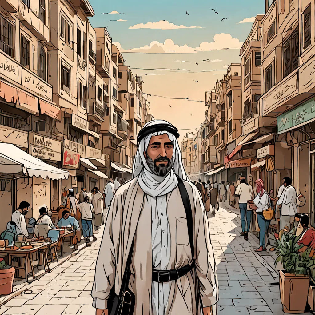 a man in a white outfit is walking down a street in a city with people walking around him and a few buildings, serial art, a comic book panel, Asaf Hanuka, graphic novel
