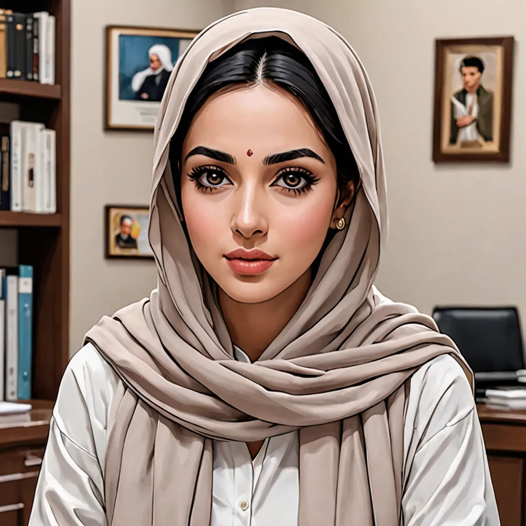 a woman with a scarf on her head sitting at a desk in an office setting with a bookcase, computer art, a photorealistic painting, Elina Karimova, highly detailed digital painting