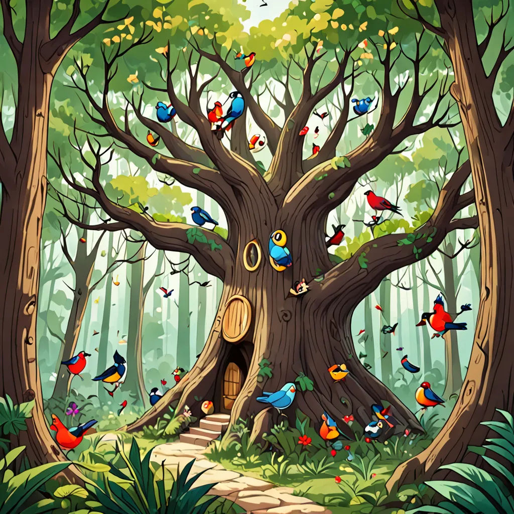 a painting of a tree with a door in it and birds flying around it in the forest with a path, fantasy art, a storybook illustration, David Martin, storybook illustration