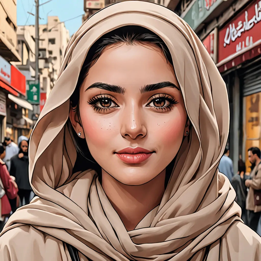 a woman in a headscarf is standing in front of a crowd of people on a city street, digital art, a digital painting, Elina Karimova, highly detailed digital painting