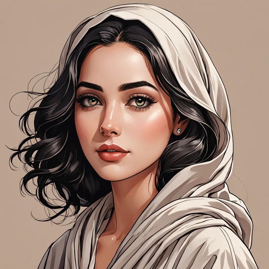 a woman with a white shawl and a brown background is featured in a digital painting style, with a neutral background, fantasy art, a detailed painting, Charlie Bowater, highly detailed digital painting