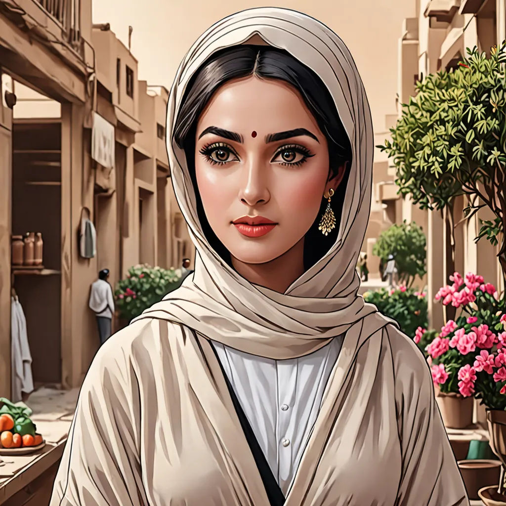 a woman in a white dress and a brown shawl is standing in a street with flowers and buildings, qajar art, egyptian art, Amir Zand, highly detailed digital painting