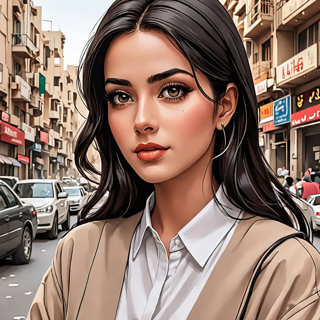 a woman in a business suit is standing on a street corner with cars and buildings in the background and a city street with cars and buildings, photorealism, a digital painting, Artgerm, highly detailed digital painting